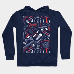 Shear shave shine // pattern // midnight blue background red white and blue vintage barber shop tools Hoodie